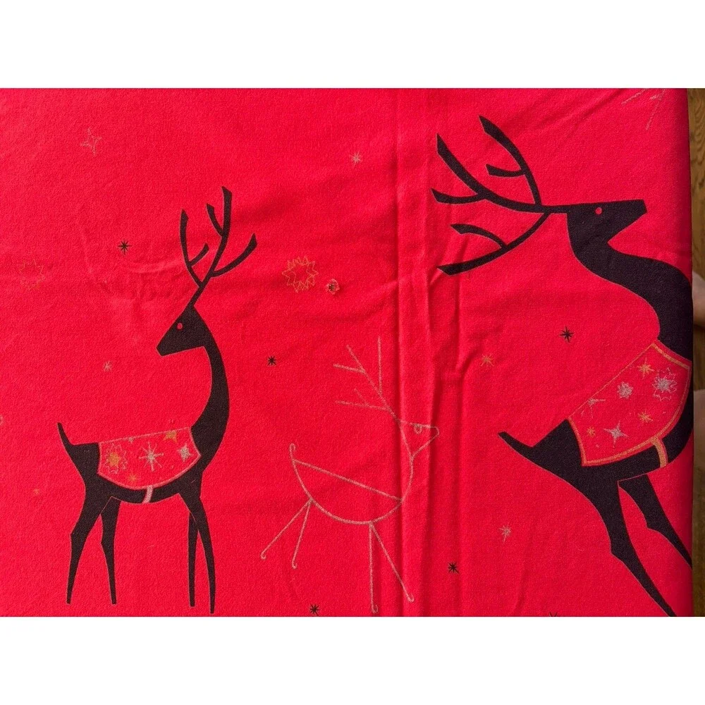 California Hand Prints 50/60s Red Christmas Tablecloth Atomic Reindeer 52x64 MCM